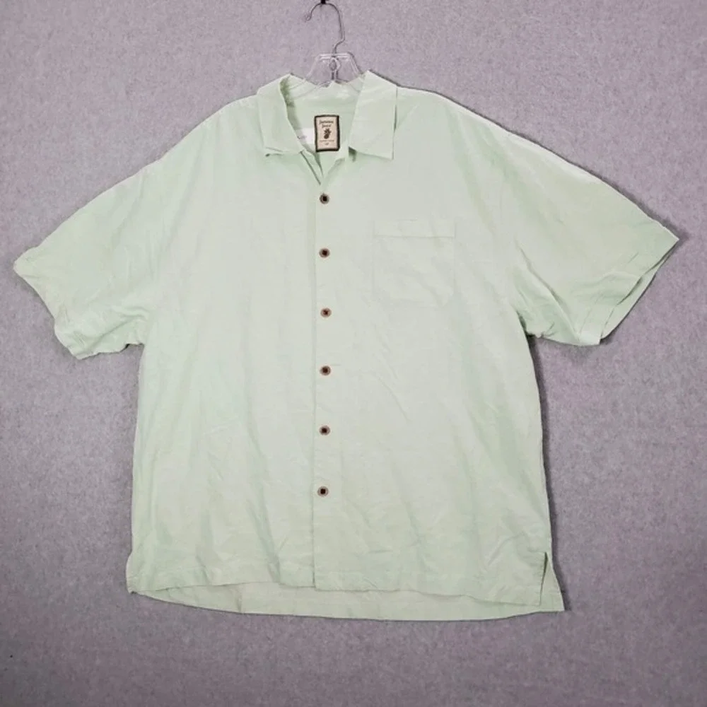 Jamaica Jaxx Men Button Up Shirt 2XL Green 100% Silk Pockets Short Sleeve READ